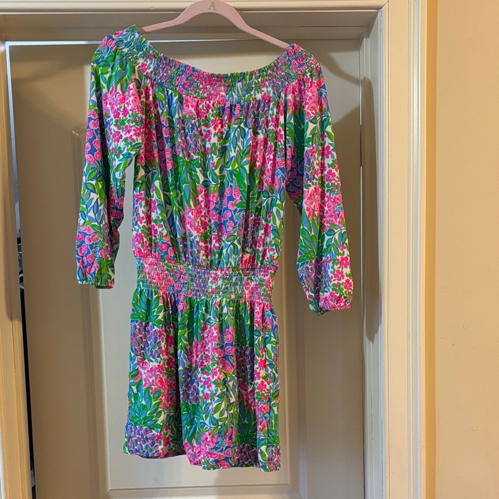 Floral Off-Shoulder Smocked Waist Mini Dress - Pink & Green